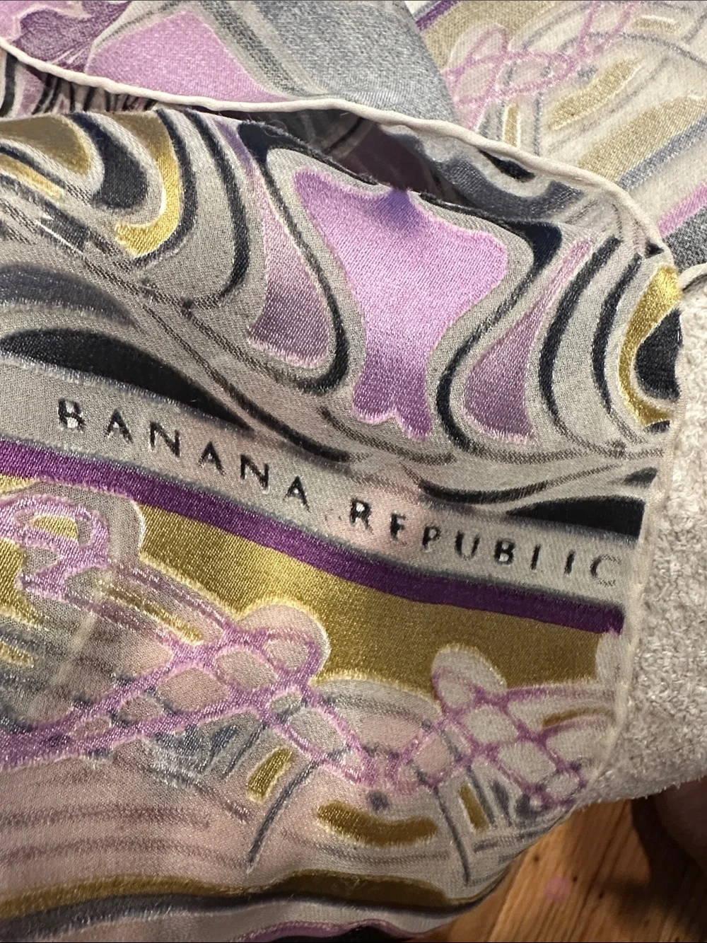 Banana Republic Purple, Gray & Gold Swirl Silk Scarf
